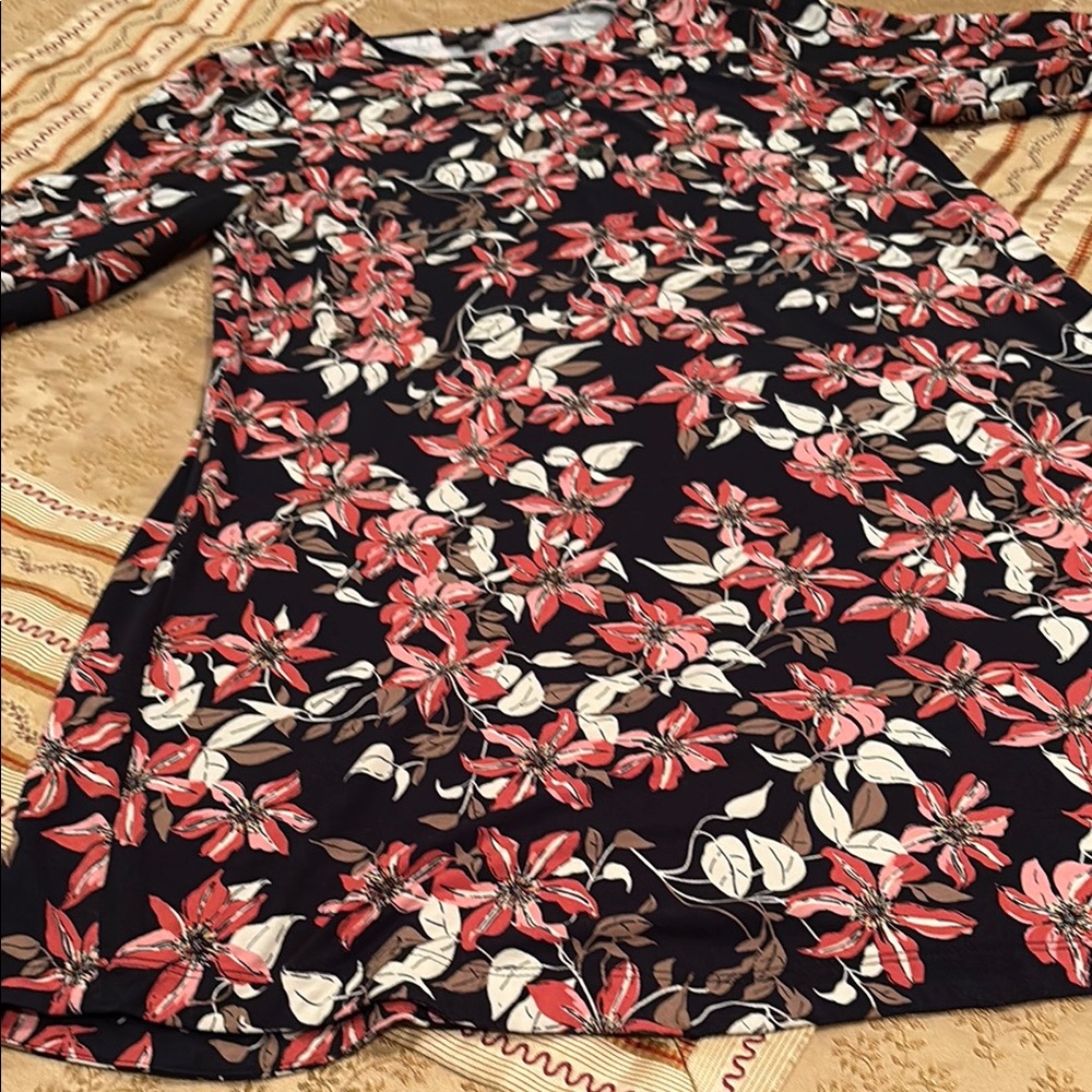 J. Jill Wearever Collection Black Floral Dress, rayon blend, button bodice, L
